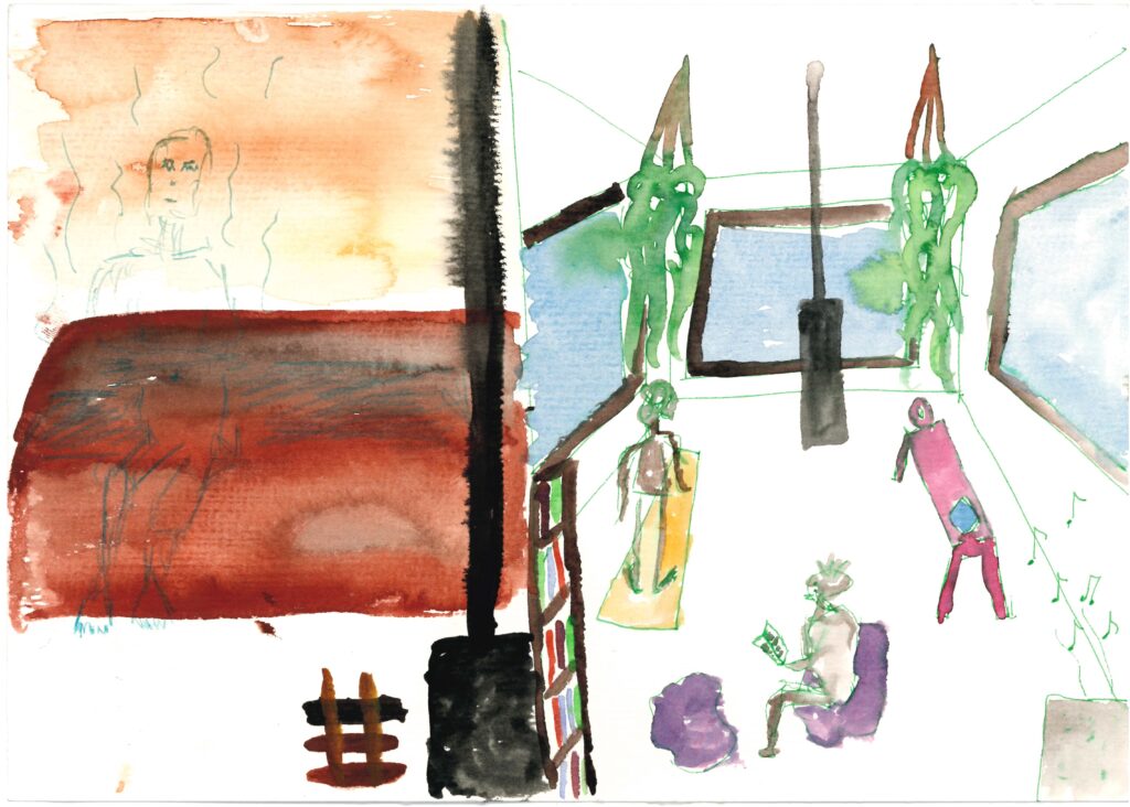 Eine Zeichnung von einer Sauna und einem gemütlichen Gemeinschaftsraum mit vielen Pflanzen
